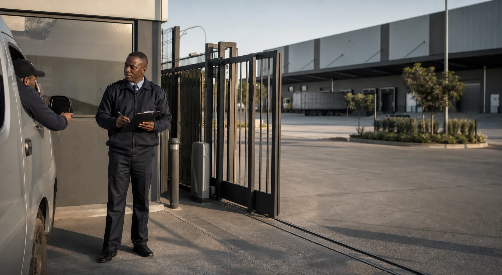 Security officer controlling vehicle access at a logistics facility